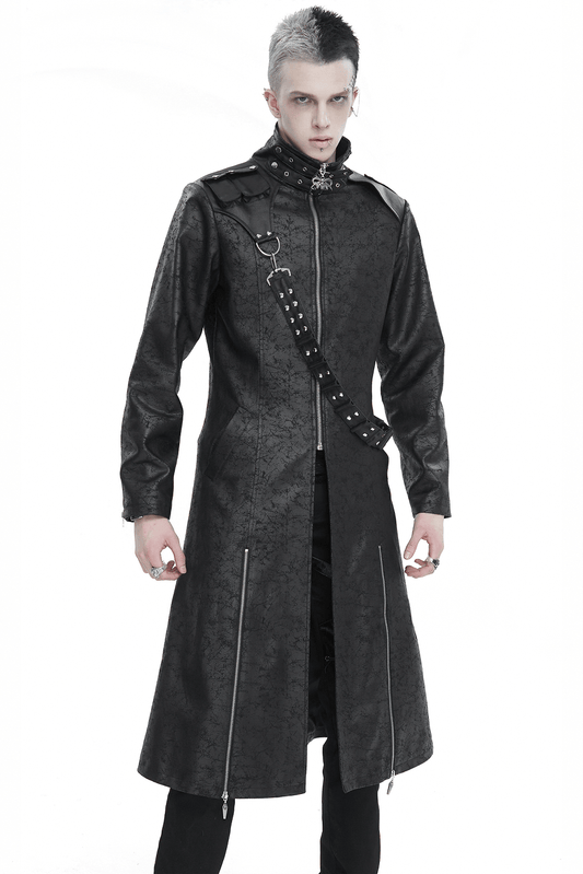 Male Stand Collar Split Coat with Detachable Crossbody Strap / Fashion Long Trench Coat for Men