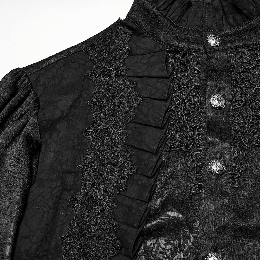 Male Victorian Black Shirt with Lace and Engraved Buttons