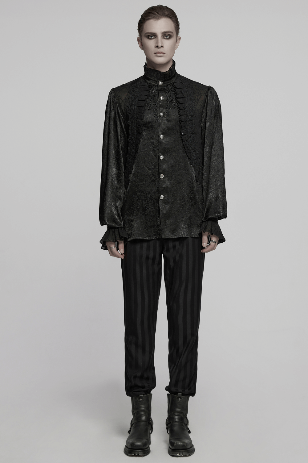 Male Victorian Black Shirt with Lace and Engraved Buttons