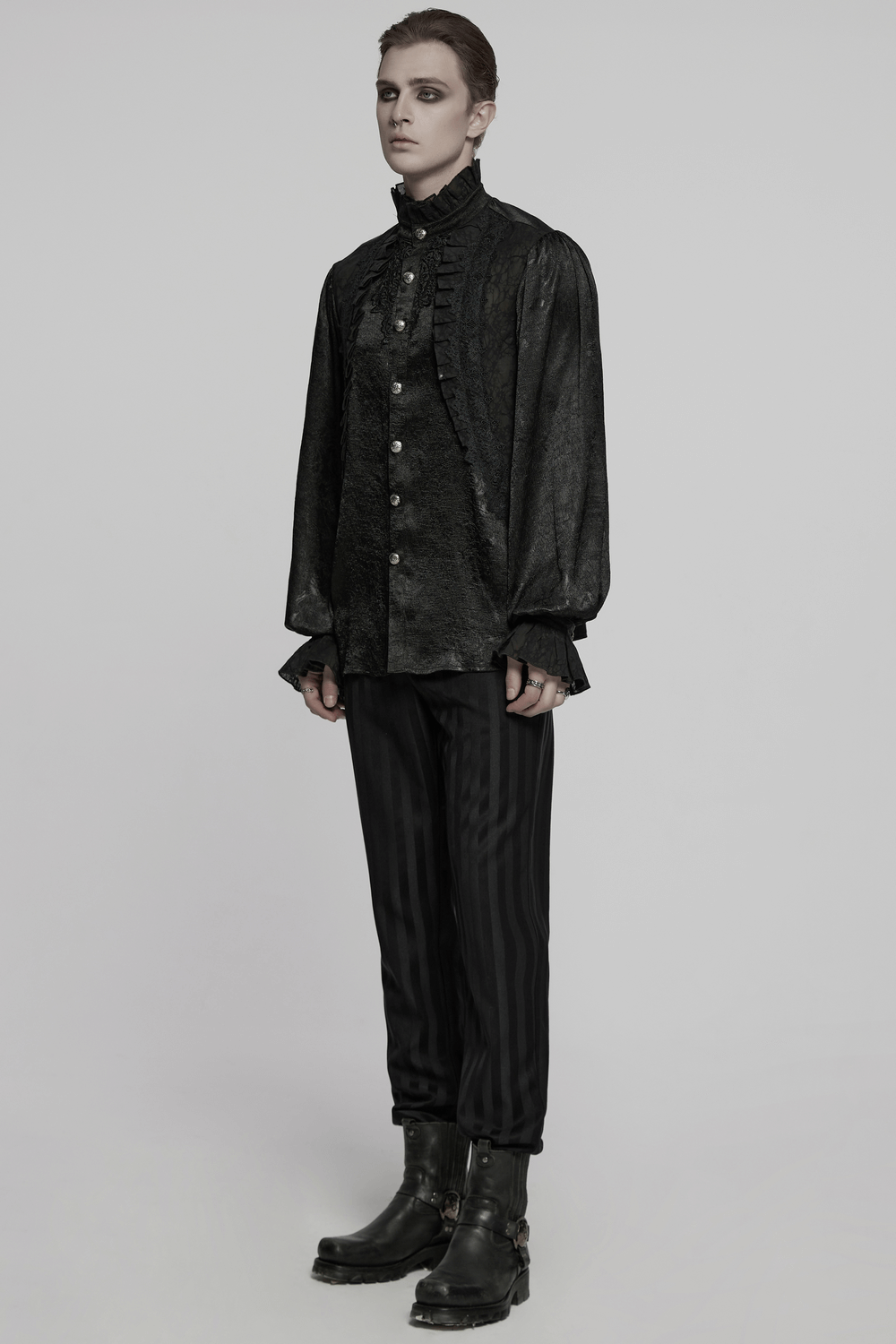 Male Victorian Black Shirt with Lace and Engraved Buttons