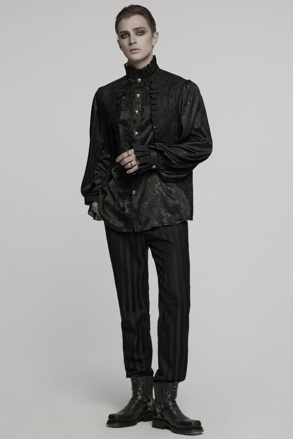 Male Victorian Black Shirt with Lace and Engraved Buttons