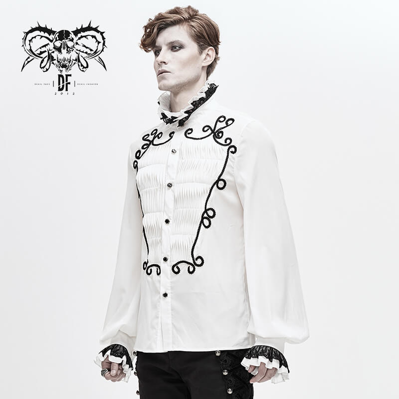 Male White Long Sleeve Shirt in Gothic Style / Vintage Men's Shirt with Lace on Collar and Cuffs