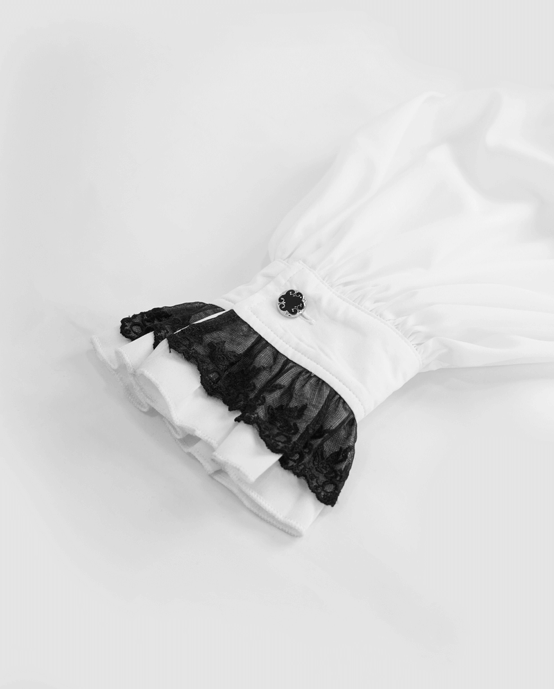 Male White Long Sleeve Shirt in Gothic Style / Vintage Men's Shirt with Lace on Collar and Cuffs