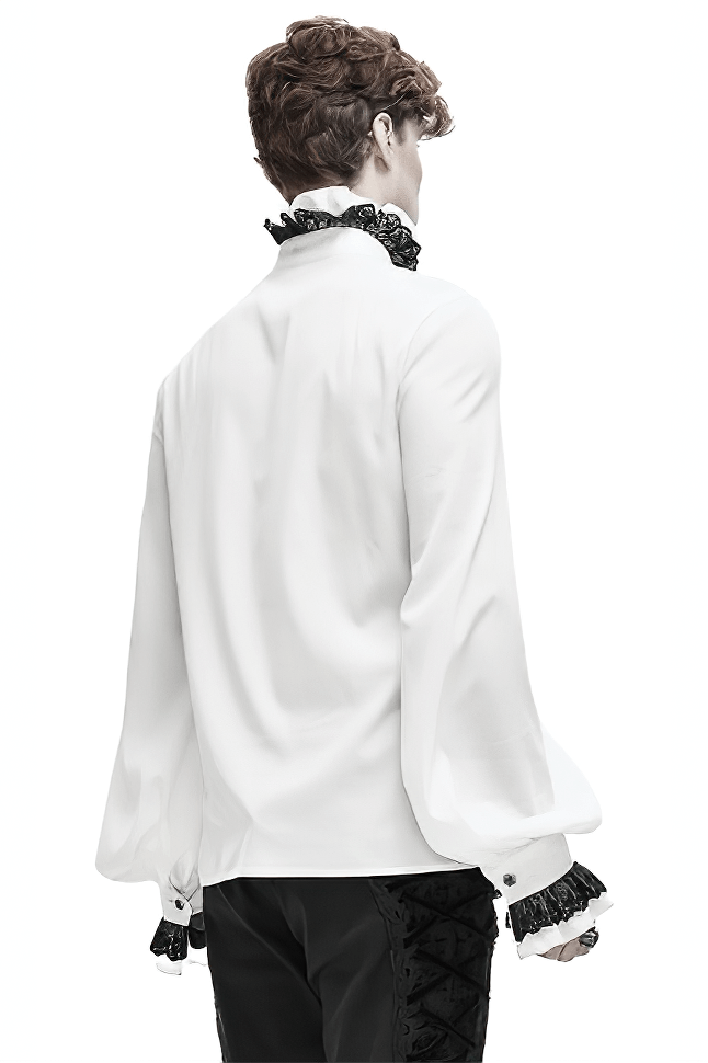 Male White Long Sleeve Shirt in Gothic Style / Vintage Men's Shirt with Lace on Collar and Cuffs