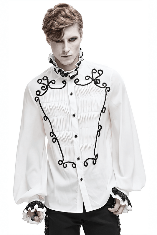 Male White Long Sleeve Shirt in Gothic Style / Vintage Men's Shirt with Lace on Collar and Cuffs