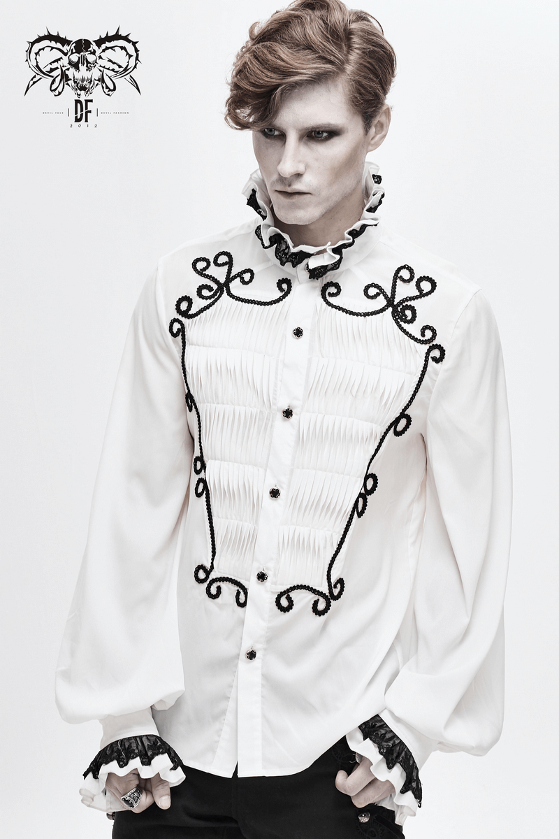 Male White Long Sleeve Shirt in Gothic Style / Vintage Men's Shirt with Lace on Collar and Cuffs