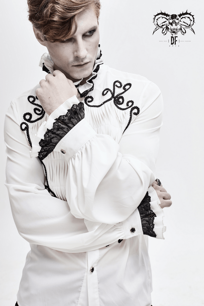 Male White Long Sleeve Shirt in Gothic Style / Vintage Men's Shirt with Lace on Collar and Cuffs