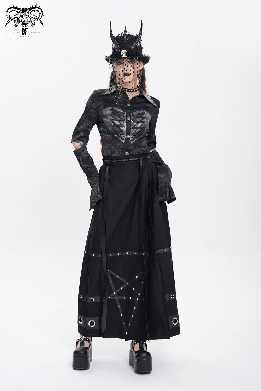 Maxi Skirt with Pentagram Straps and Grommet Details