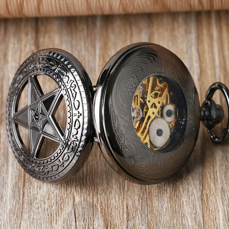 Mechanical Black Pocket Watches with Pentagram / Alternative Fashion Accessories