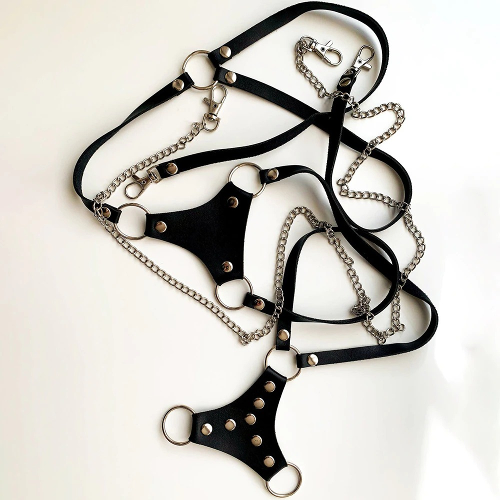 Men PU Leather Adjustable Harness / Chest Belt with Chain / Exotic Accessories