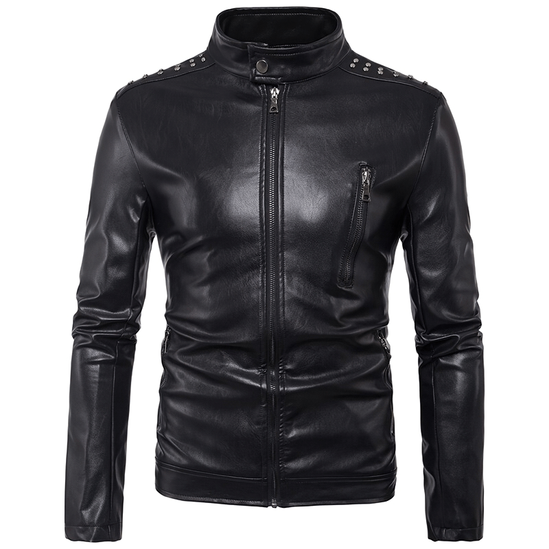Men's Black Zipper PU Leather Jacket with Rivets / Motorcycle Biker Male Stand Collar Jackets