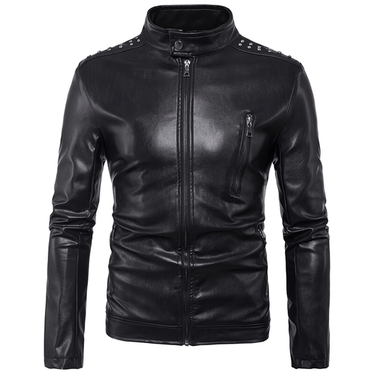 Men's Black Zipper PU Leather Jacket with Rivets / Motorcycle Biker Male Stand Collar Jackets