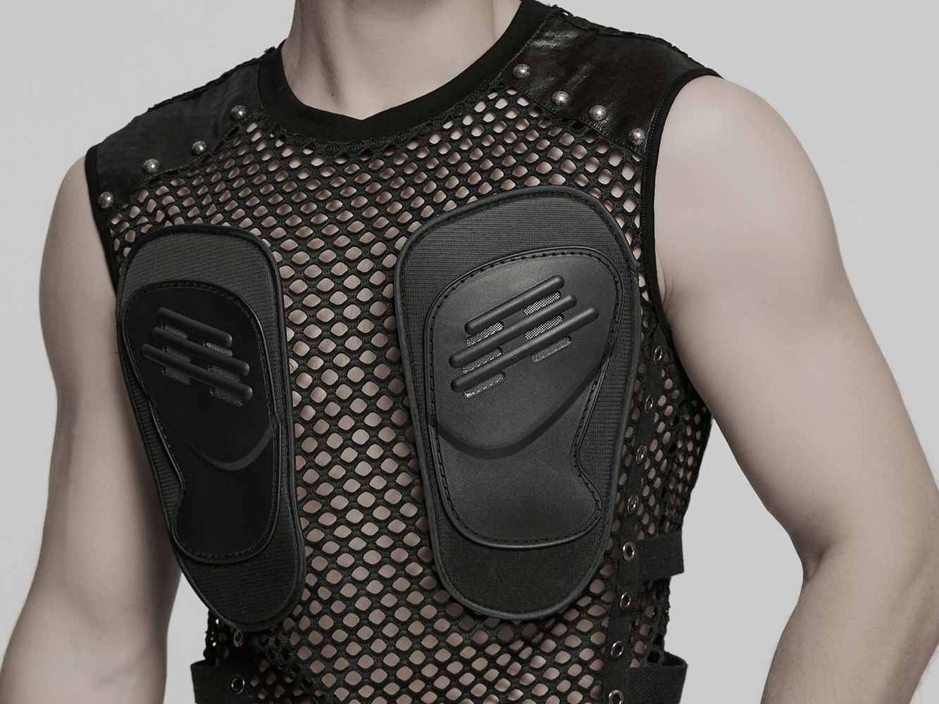 Men's Cyber Punk Mesh Top with Faux Leather and Studs