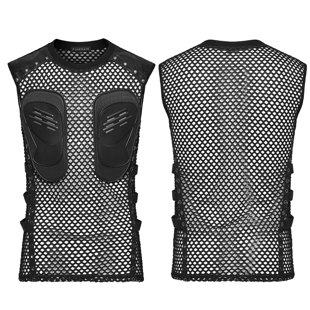 Men's Cyber Punk Mesh Top with Faux Leather and Studs
