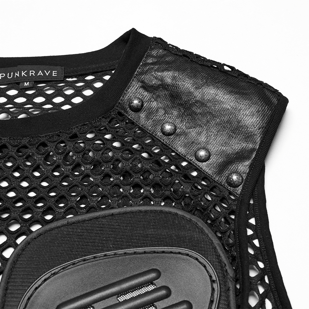 Men's Cyber Punk Mesh Top with Faux Leather and Studs