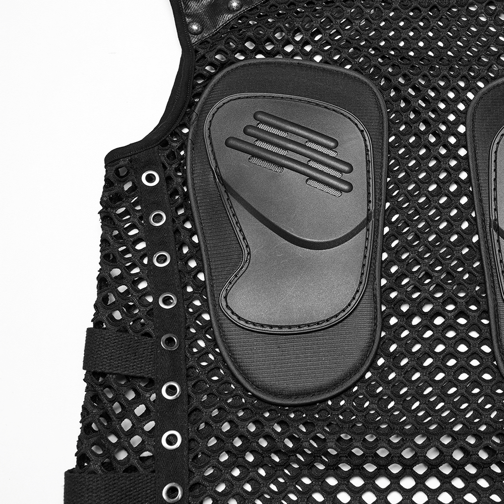 Men's Cyber Punk Mesh Top with Faux Leather and Studs