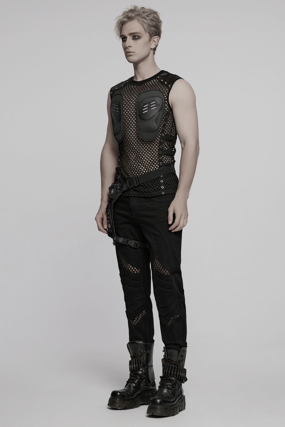 Men's Cyber Punk Mesh Top with Faux Leather and Studs