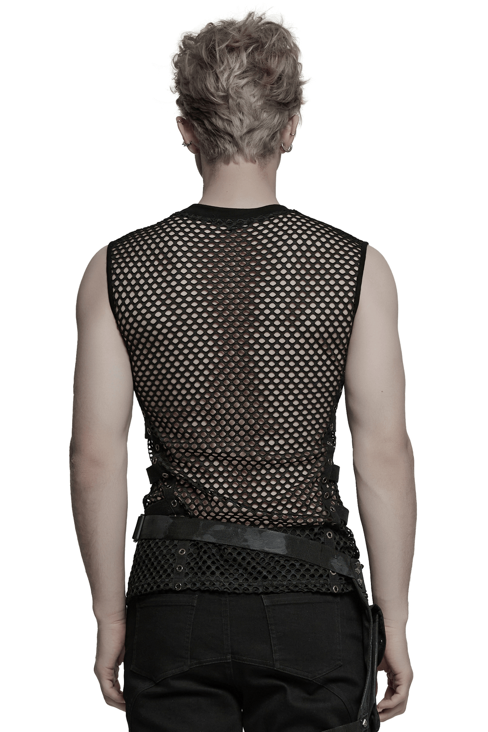 Men's Cyber Punk Mesh Top with Faux Leather and Studs