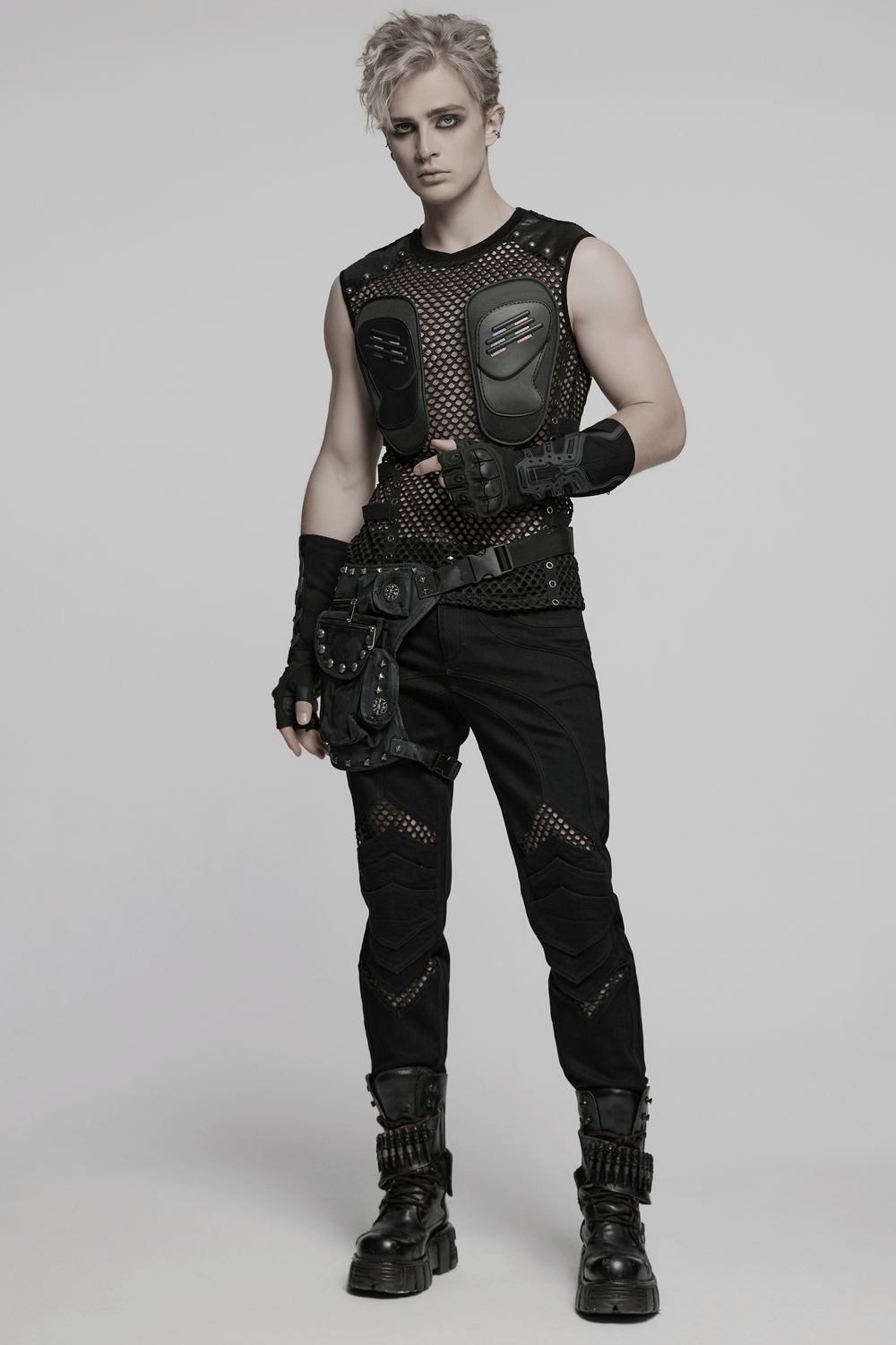 Men's Cyber Punk Mesh Top with Faux Leather and Studs
