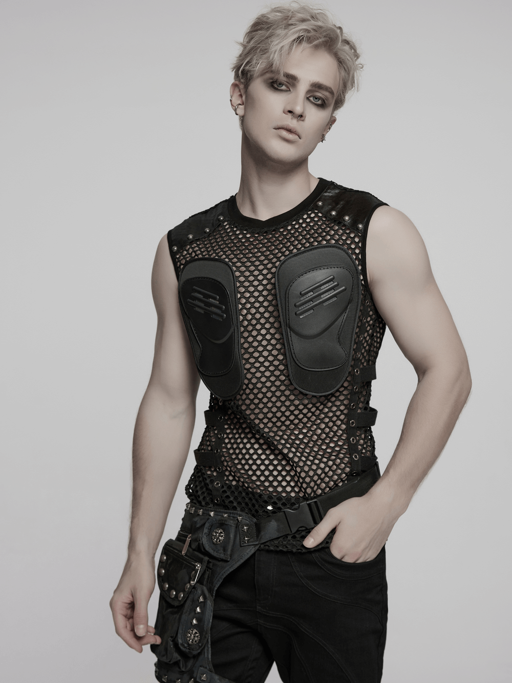 Men's Cyber Punk Mesh Top with Faux Leather and Studs