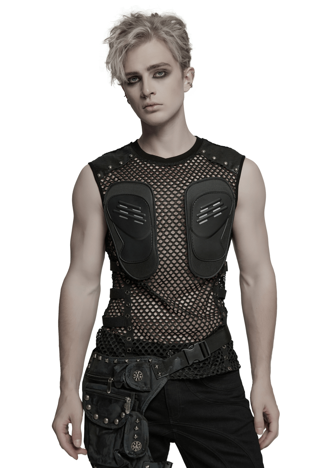Men's Cyber Punk Mesh Top with Faux Leather and Studs