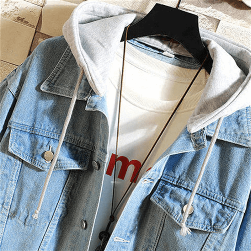Men's Denim Jacket with Detachable Hood / Solid Color Classic Jean Jackets / Cool Streetwear for Men