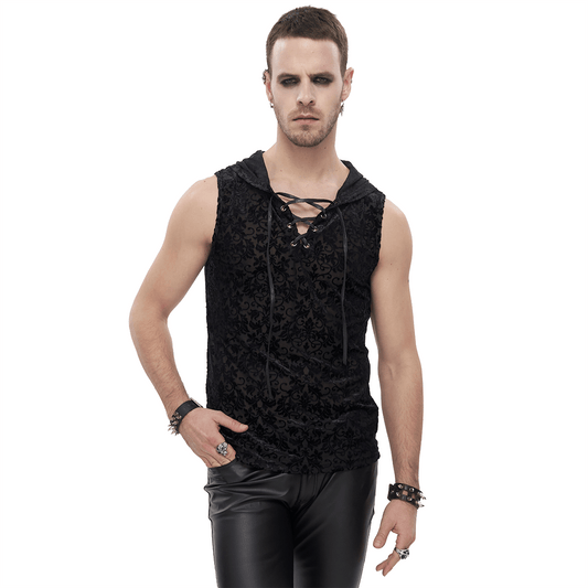 Men's Floral Printed Tank Top with Hood / Gothic Black Tank Tops With Studded and String on Chest
