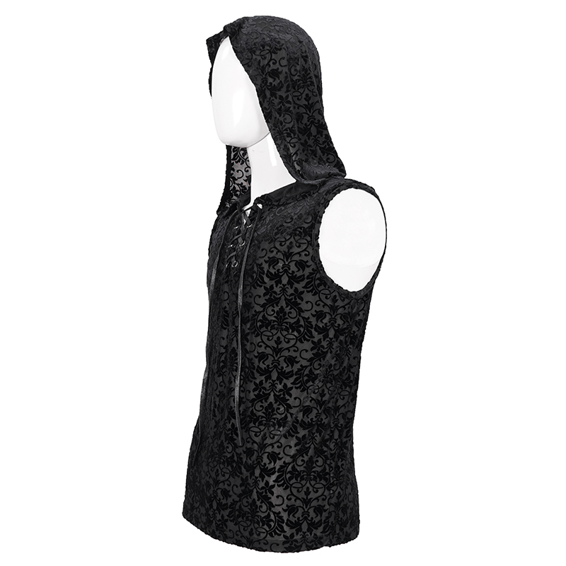 Men's Floral Printed Tank Top with Hood / Gothic Black Tank Tops With Studded and String on Chest