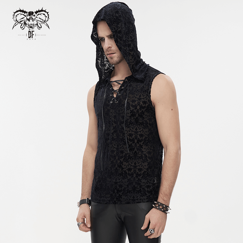Men's Floral Printed Tank Top with Hood / Gothic Black Tank Tops With Studded and String on Chest