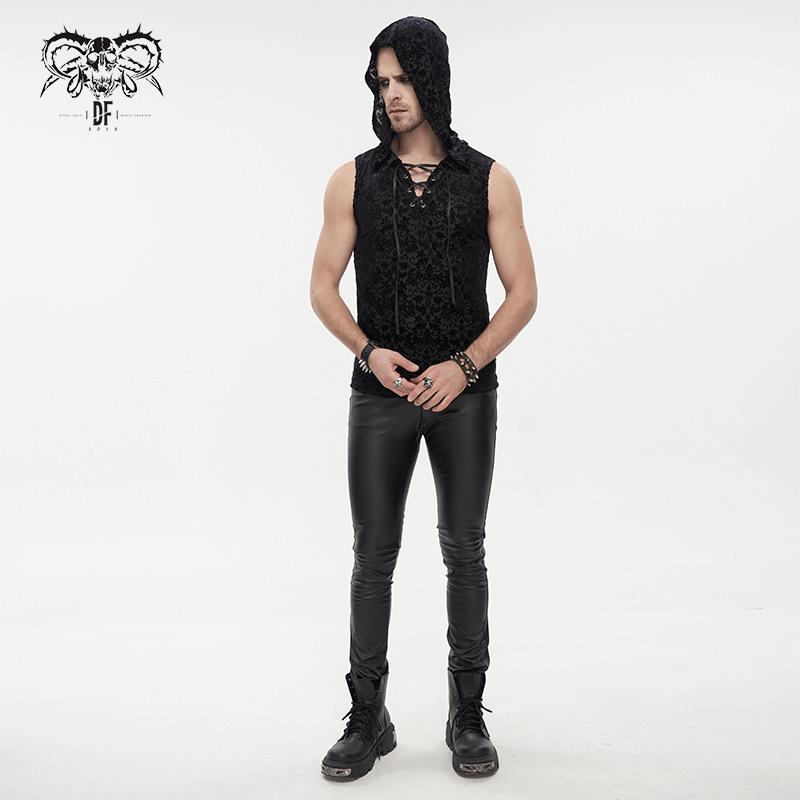 Men's Floral Printed Tank Top with Hood / Gothic Black Tank Tops With Studded and String on Chest