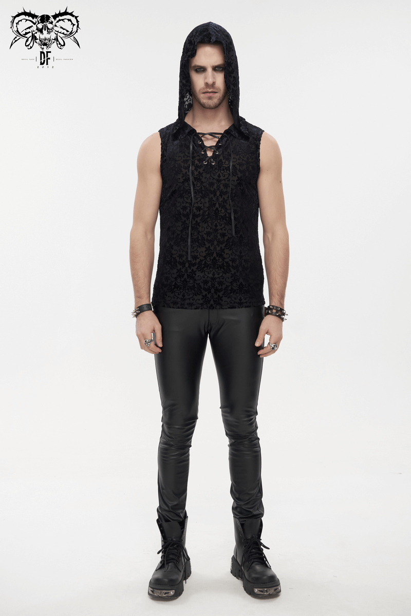 Men's Floral Printed Tank Top with Hood / Gothic Black Tank Tops With Studded and String on Chest