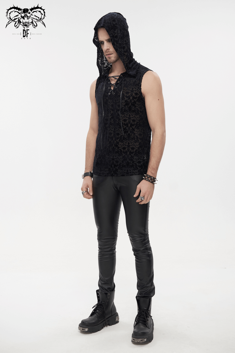 Men's Floral Printed Tank Top with Hood / Gothic Black Tank Tops With Studded and String on Chest