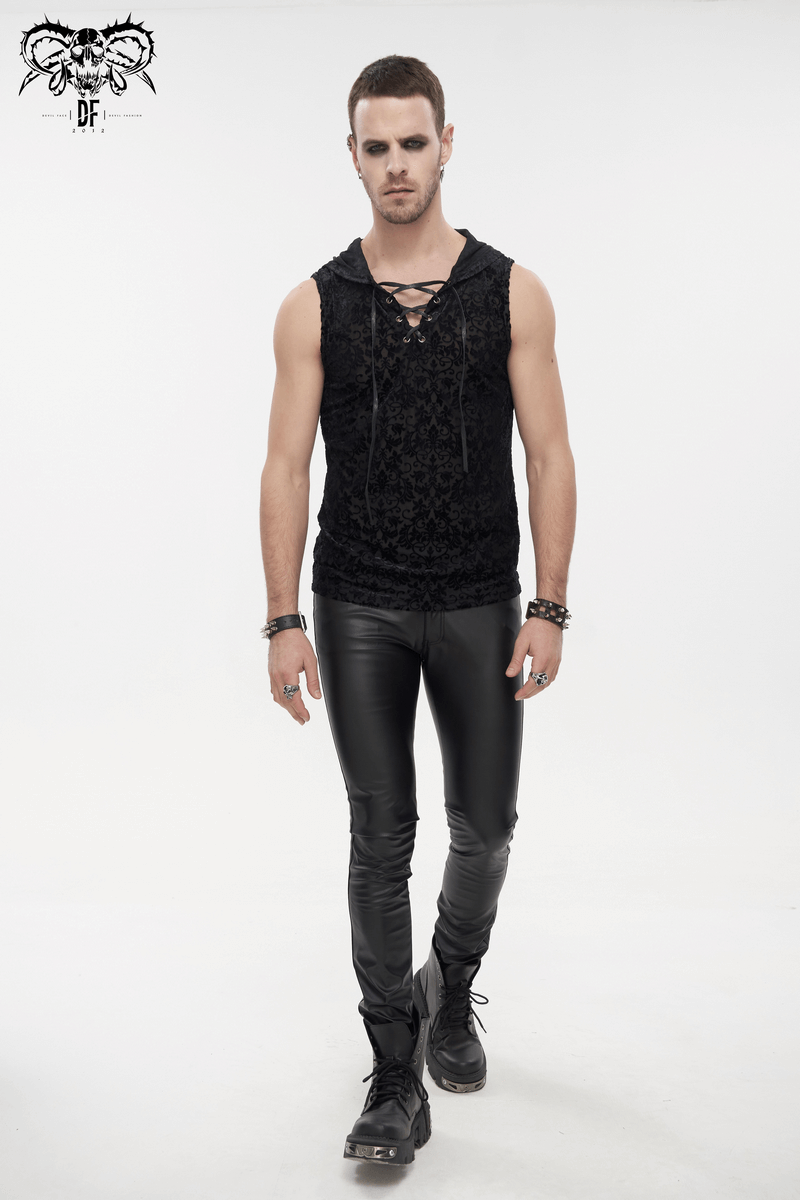 Men's Floral Printed Tank Top with Hood / Gothic Black Tank Tops With Studded and String on Chest