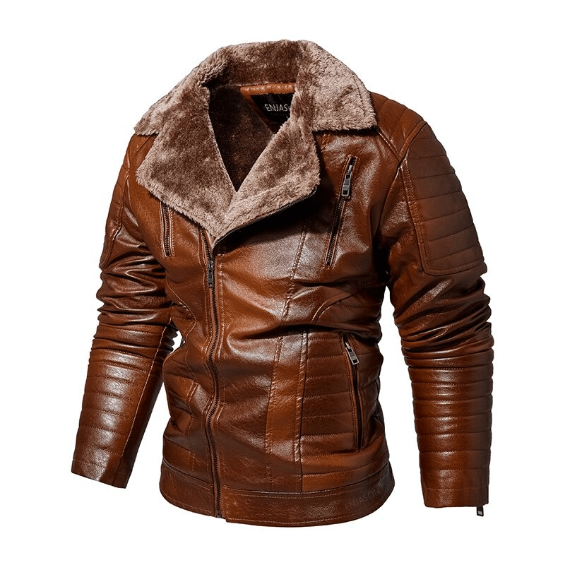 Men's Fur Collar Thicken Leather Jacket / Pockets Zipper Warm Jackets