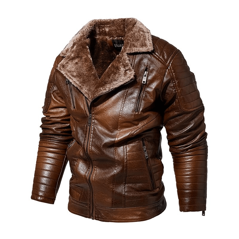 Men's Fur Collar Thicken Leather Jacket / Pockets Zipper Warm Jackets