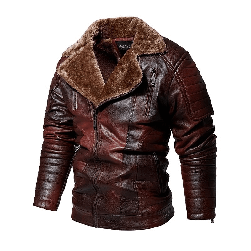 Men's Fur Collar Thicken Leather Jacket / Pockets Zipper Warm Jackets