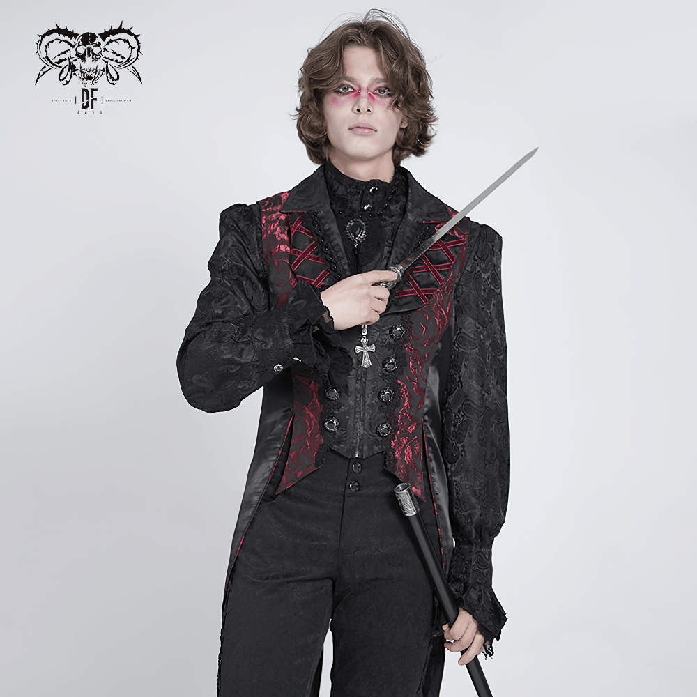 Men's Gothic Brocade Tailcoat Vest with Cross Detail
