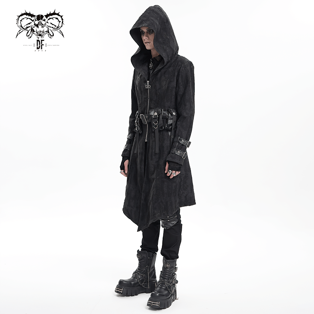 Men's Gothic Hooded Coat with Buckles and Chains