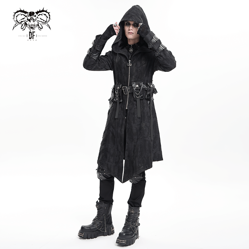 Men's Gothic Hooded Coat with Buckles and Chains