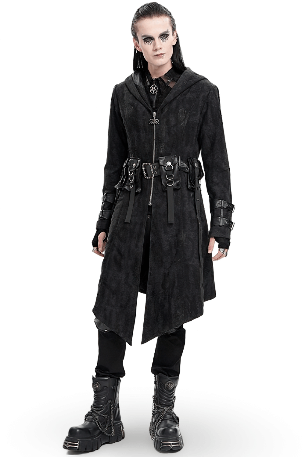 Men's Gothic Hooded Coat with Buckles and Chains