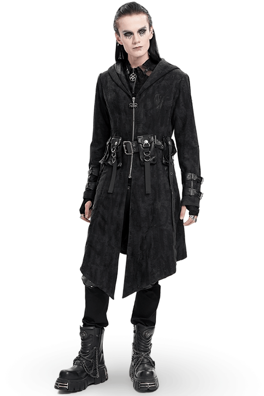 Men's Gothic Hooded Coat with Buckles and Chains