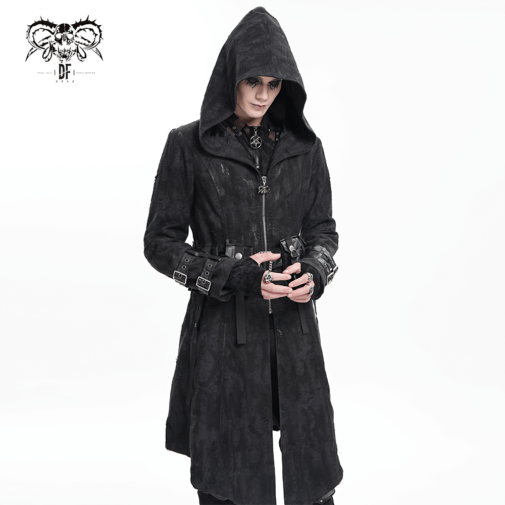 Men's Gothic Hooded Coat with Buckles and Chains