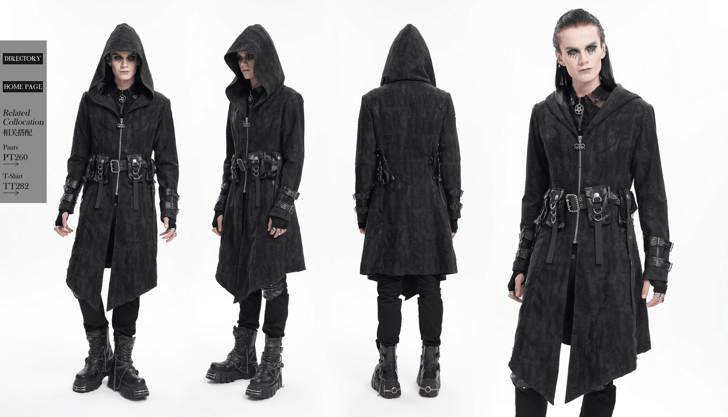 Men's Gothic Hooded Coat with Buckles and Chains