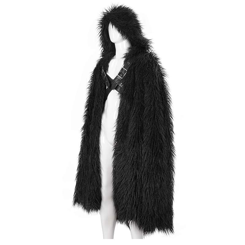 Men's Gothic Long Cloak with Hooded / Dark Male Warm Faux Fur Buckle Coat