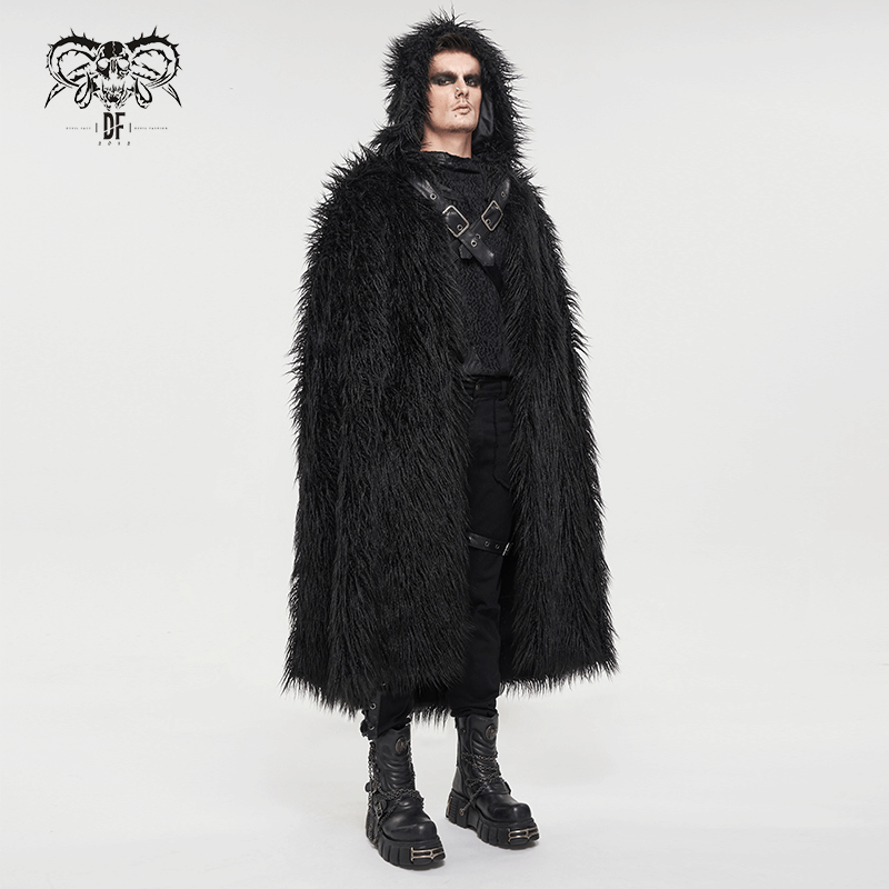 Men's Gothic Long Cloak with Hooded / Dark Male Warm Faux Fur Buckle Coat