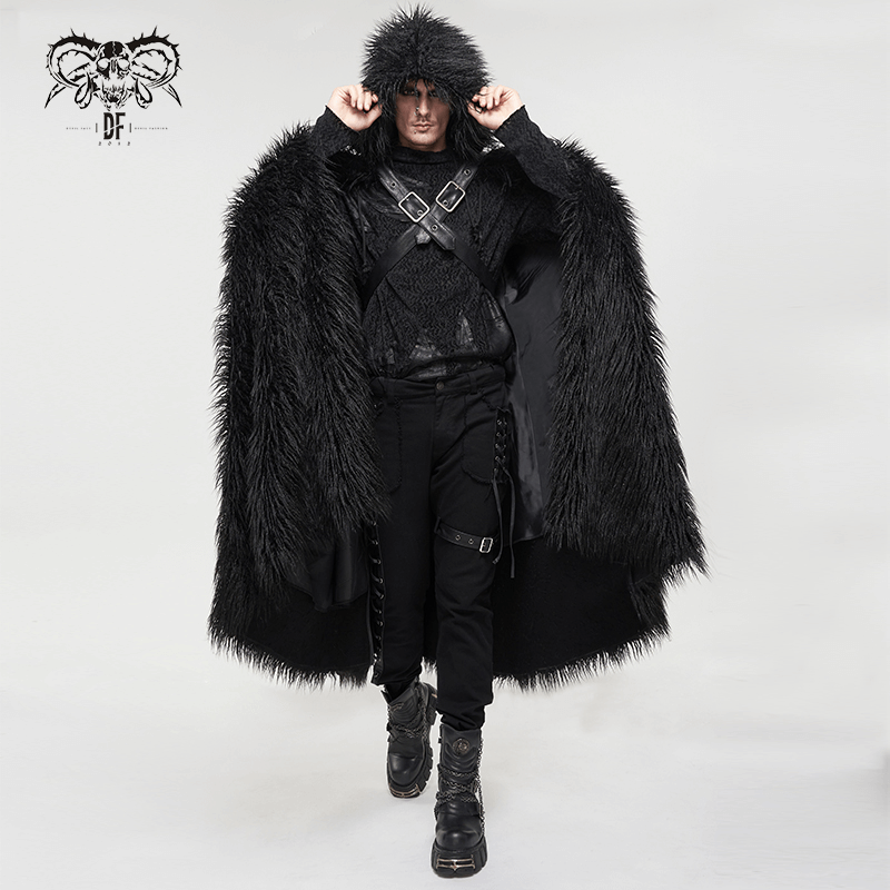 Men's Gothic Long Cloak with Hooded / Dark Male Warm Faux Fur Buckle Coat