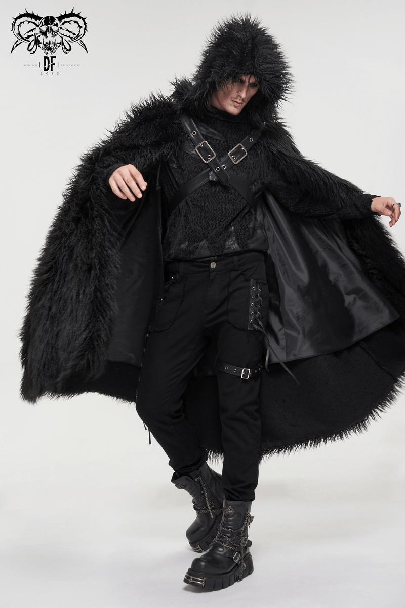 Men's Gothic Long Cloak with Hooded / Dark Male Warm Faux Fur Buckle Coat