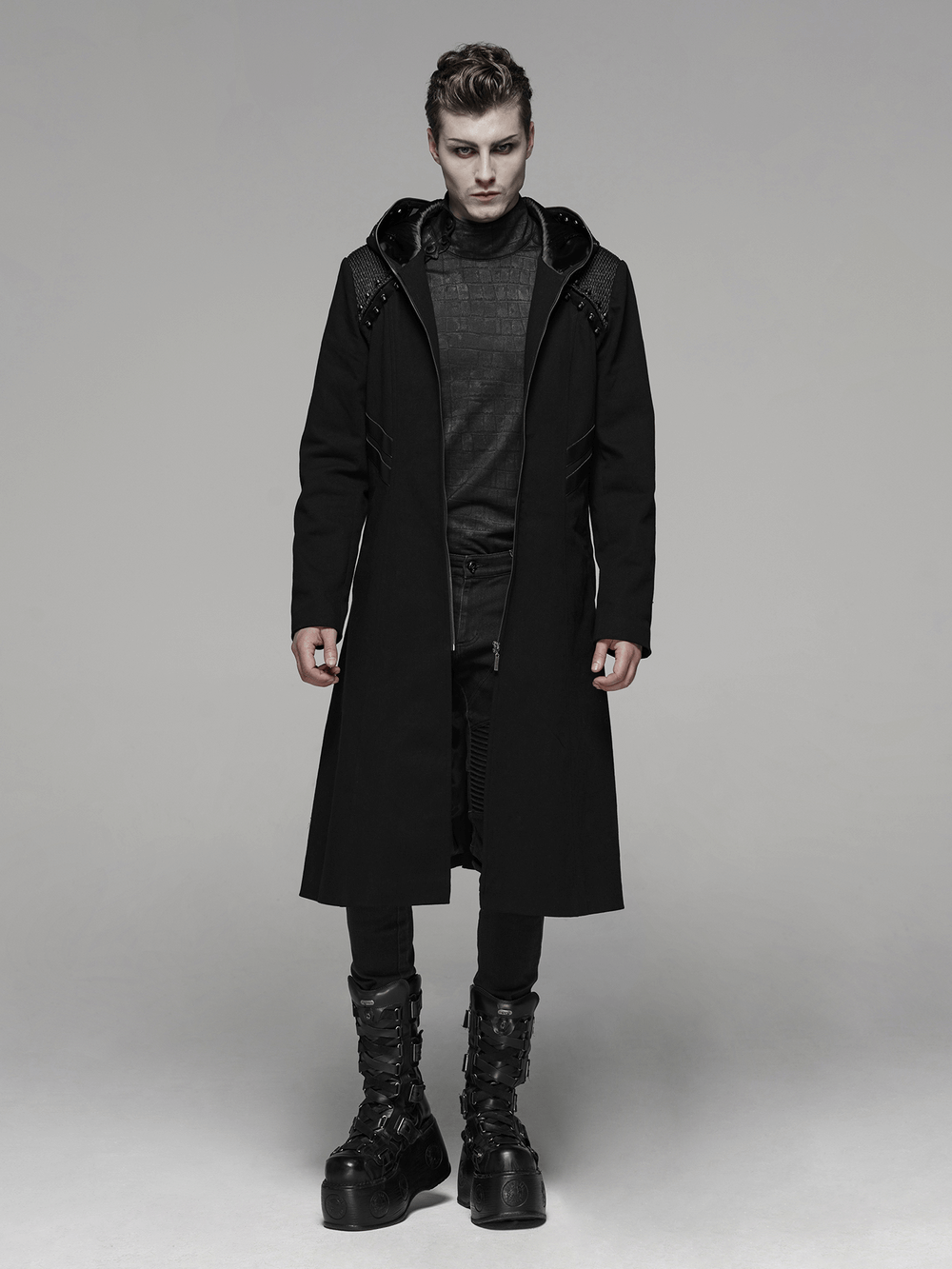 Men's Gothic Long Coat with Hood and Leather Accents