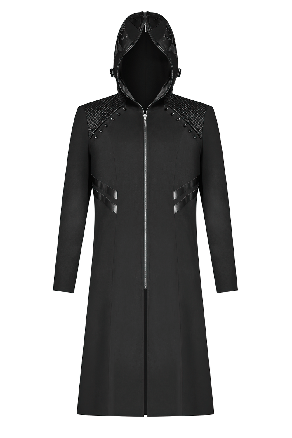 Men's Gothic Long Coat with Hood and Leather Accents