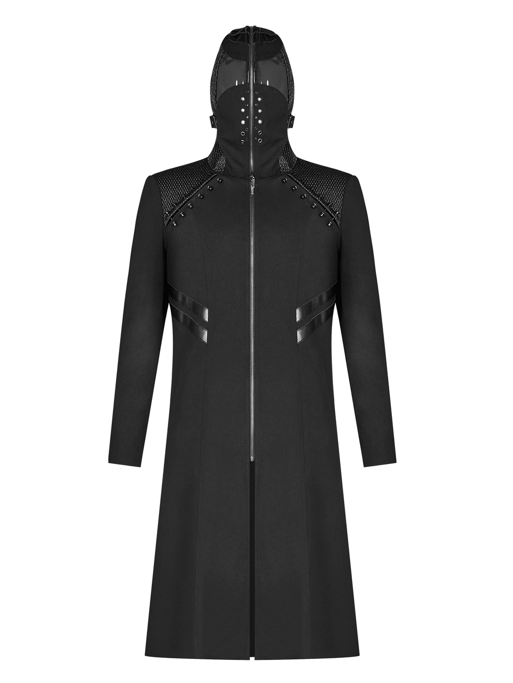 Men's Gothic Long Coat with Hood and Leather Accents